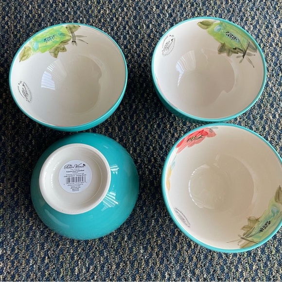 Pioneer Woman NWT 6” Turquoise Floral Footed Ceramic Bowls Set of 4 - Picture 3 of 9